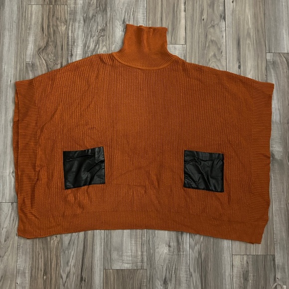 Sweaters - Orange Oversized Sweater Ponch with Black Leather Pockets